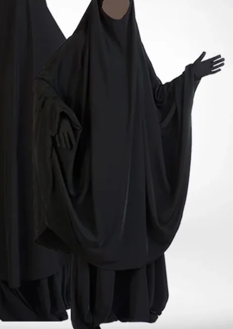 Jilbab deux pièces noir Al Manassik, vue de face et de dos - vêtement musulman pour femme
