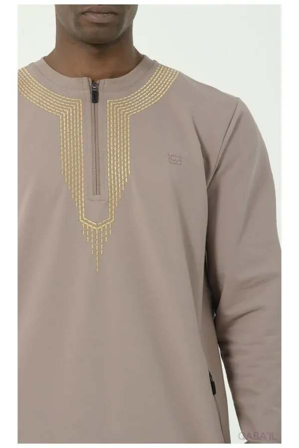 Qamis qabail brodé Sham taupe et or
