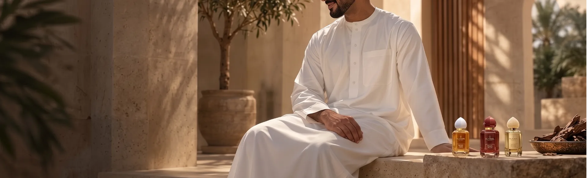 Homme en qamis blanc assis près de trois eaux de parfum El Nabil