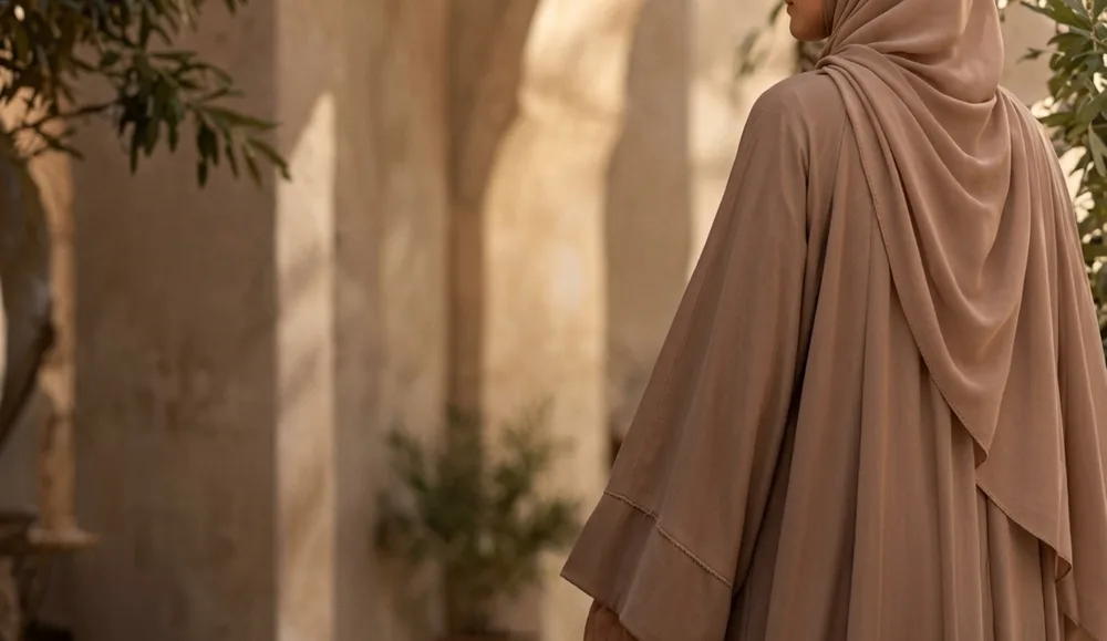 Femme de dos en abaya et hijab beige rosé