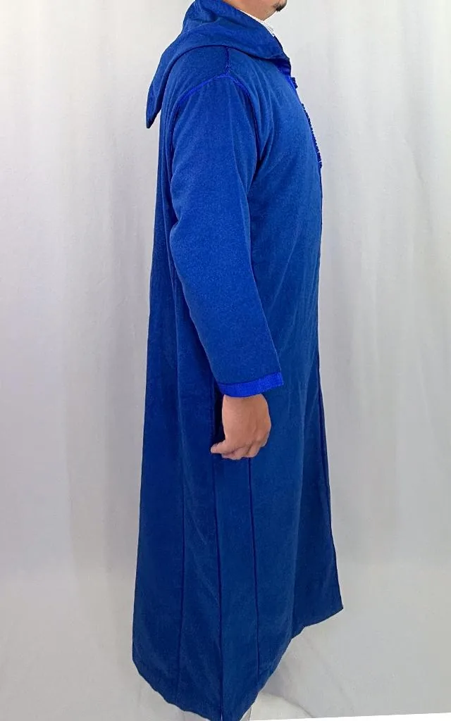 Djellaba homme hiver bleu Djellaba homme hiver bleu roi à capuche, vue de profil