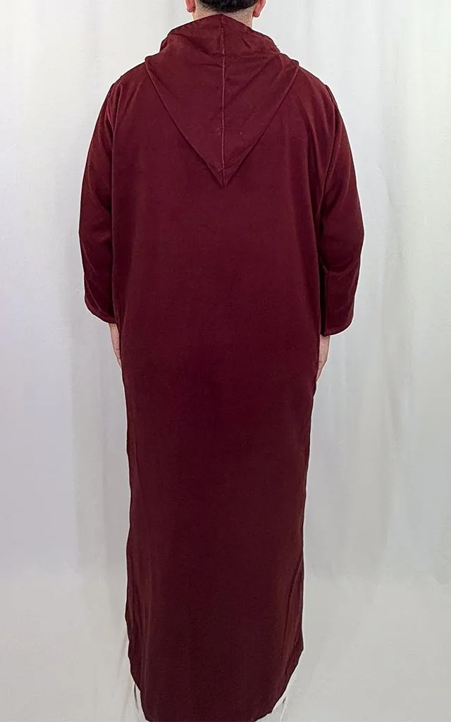 Djellaba homme hiver bordeaux Djellaba homme hiver bordeaux à capuche, plastron brodé, vue de dos